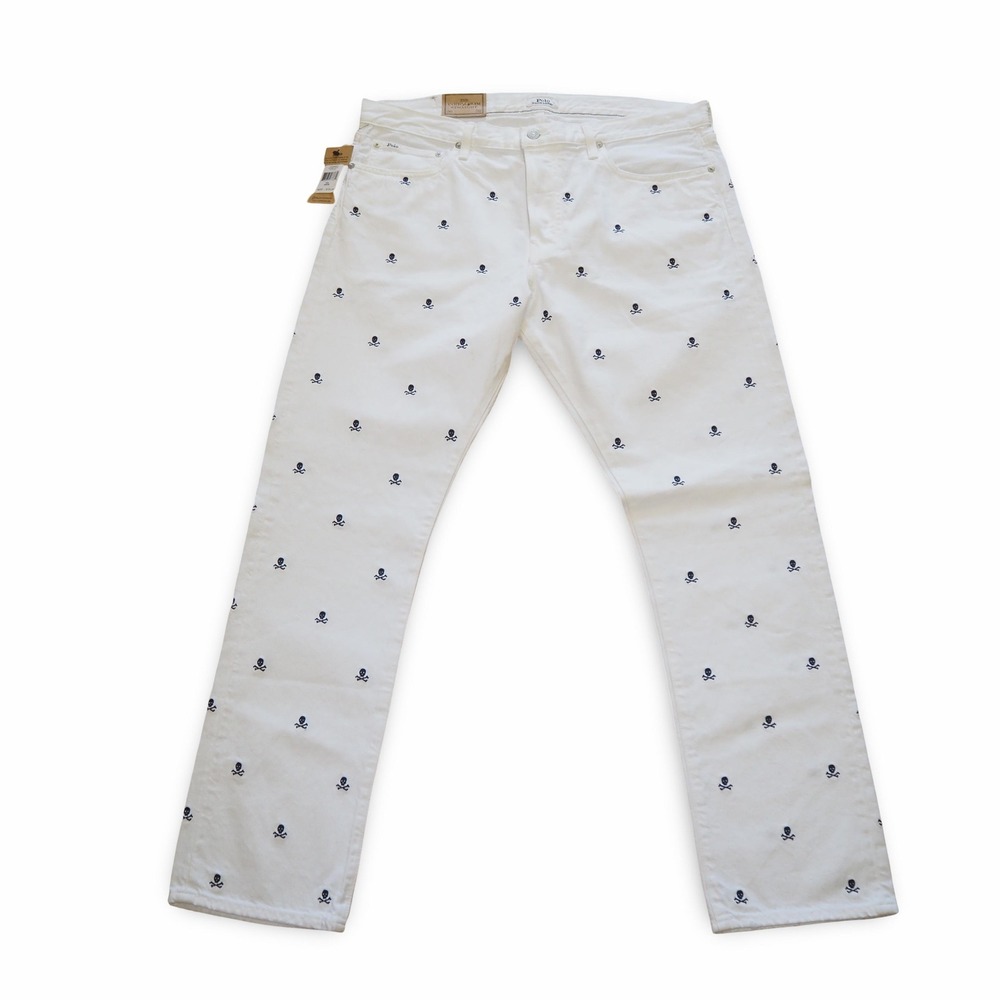 Polo Ralph Lauren Varick Slim Straight White Skull Crossbones Pants 36x32 NWT